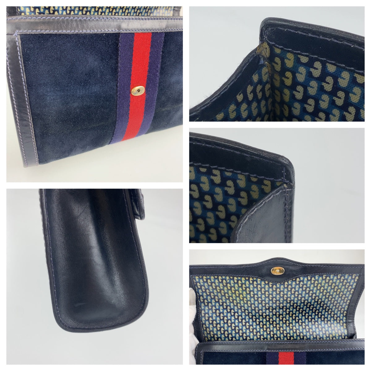 C-112
GUCCI グッチ ヴィンテージ オールドグッチ シェリーライン ネイビー ゴールド金具 スウェード / レザー クラッチバッグ セカンドバッグ  メンズ