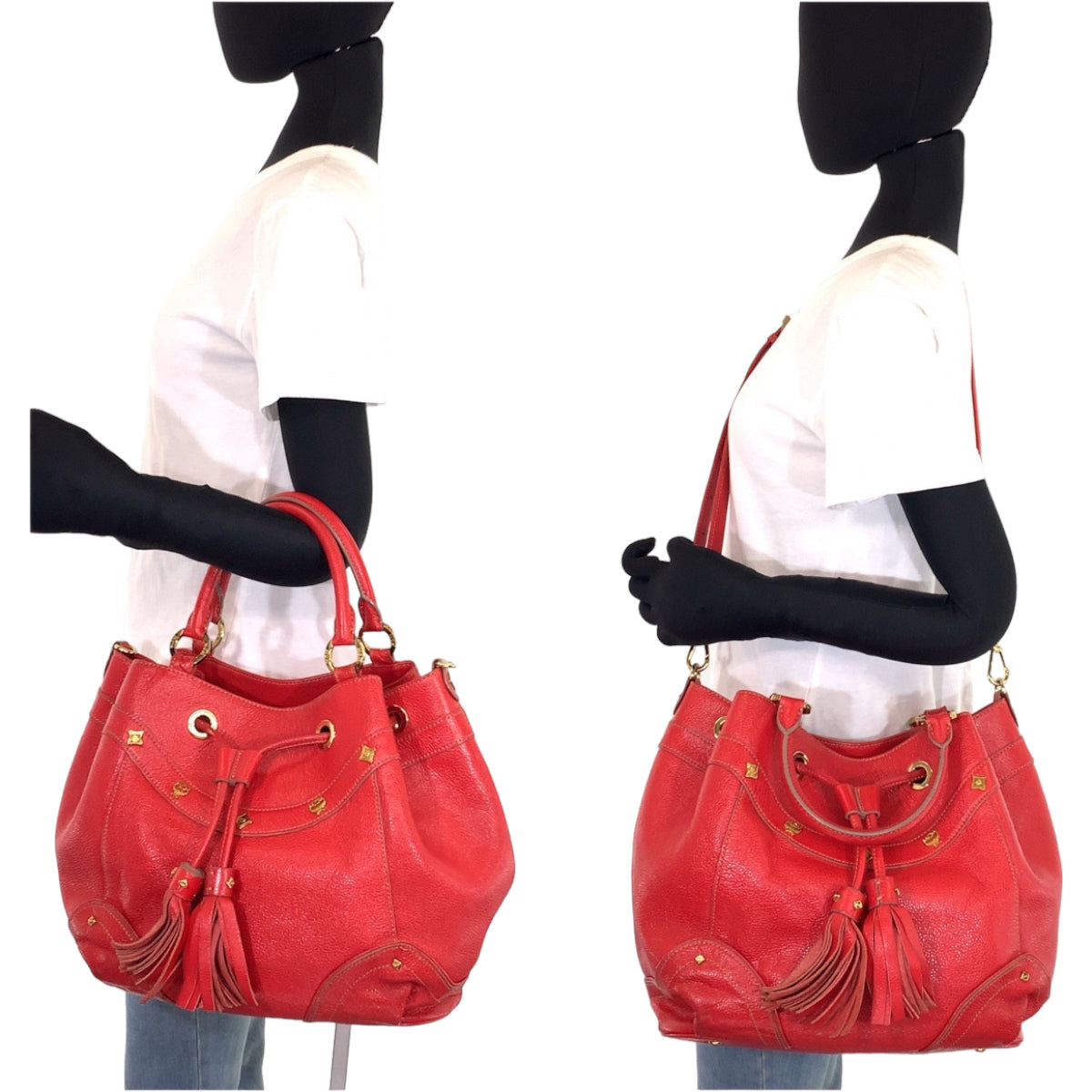 H-00307
MCM エム・シー・エム タッセル レッド 赤 ゴールド金具 レザー ショルダーバッグ ハンドバッグ 2way  レディース