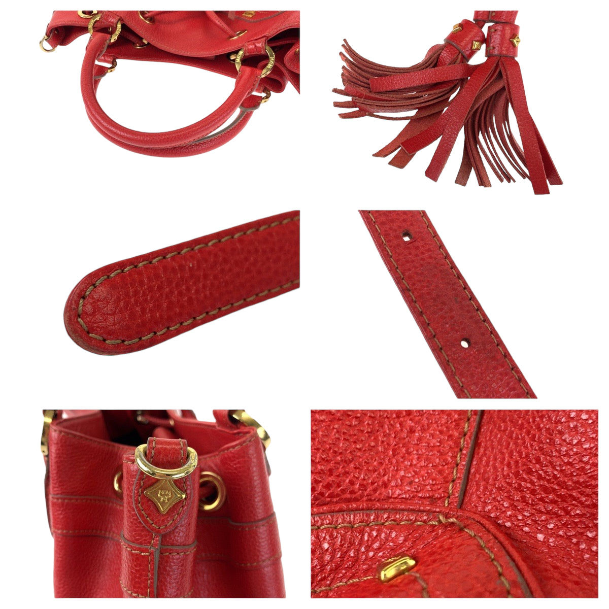 H-00307
MCM エム・シー・エム タッセル レッド 赤 ゴールド金具 レザー ショルダーバッグ ハンドバッグ 2way  レディース