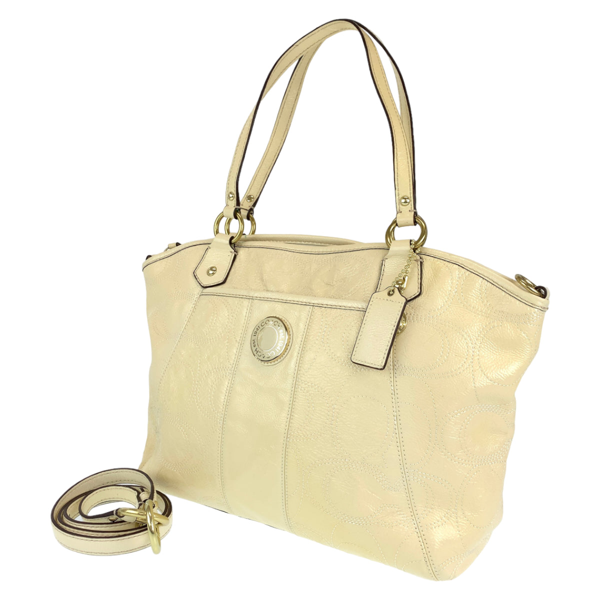 12667
 COACH Signature Cream Beige Enamel F19197 2way Shoulder Bag Tote Bag Crossbody Bag for Women