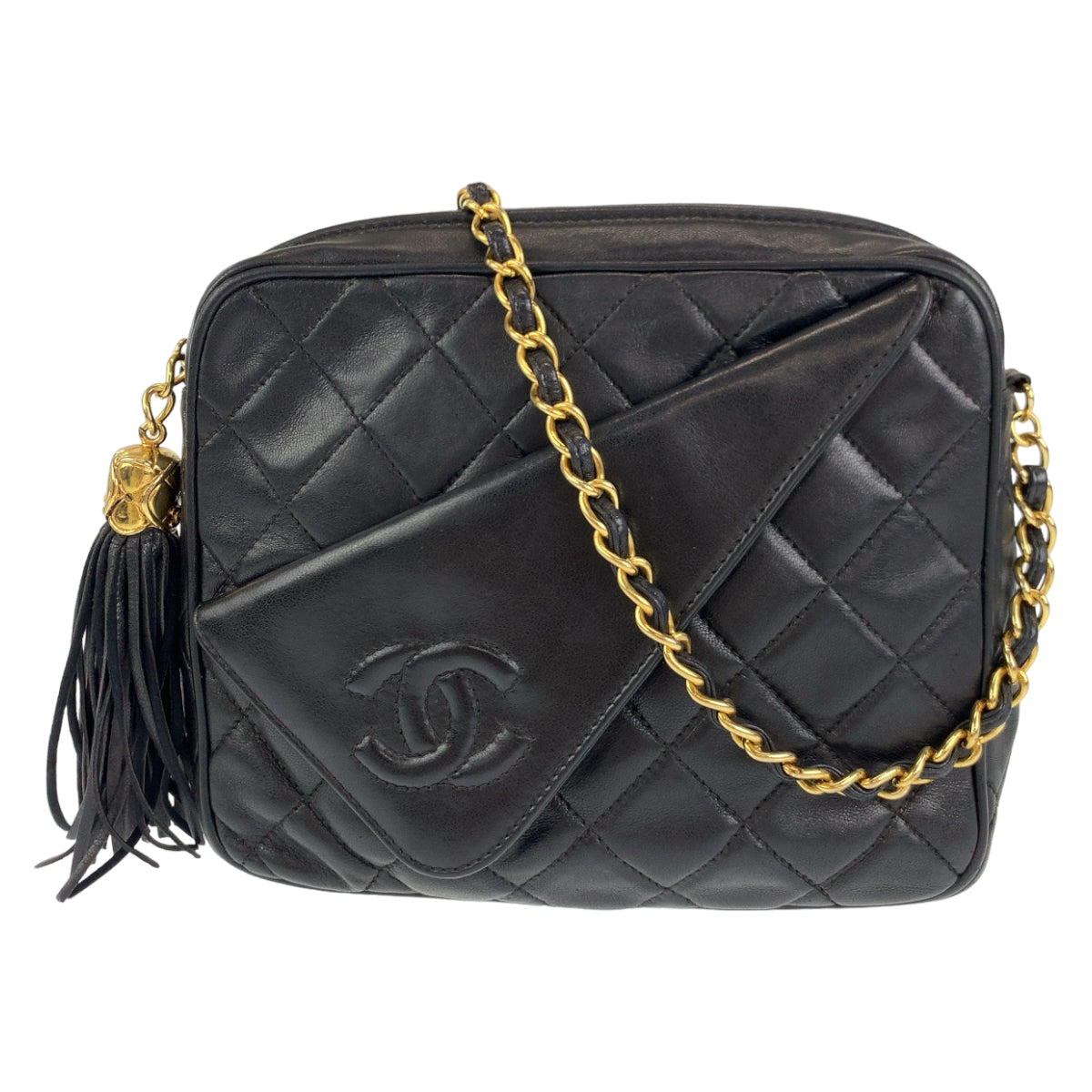 H-00310
CHANEL シャネル ヴィンテージ マトラッセ ココマーク タッセル ブラック 黒 ゴールド金具 ラムスキン チェーンショルダーバッグ 斜め掛け  レディース
