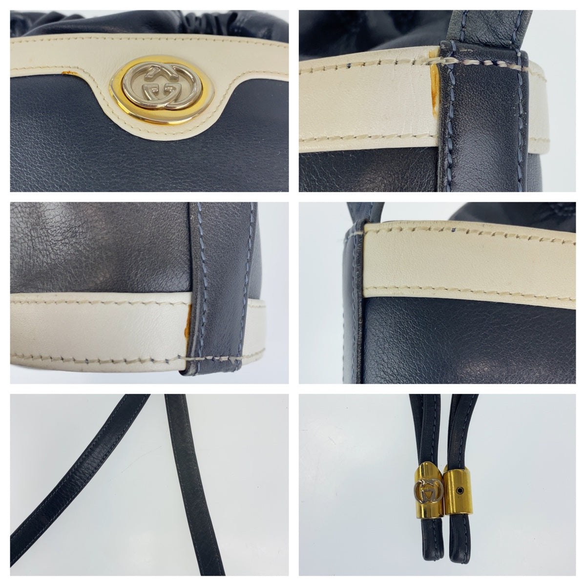 C-089
GUCCI グッチ ヴィンテージ ネイビー 紺 ゴールド金具 レザー ショルダーバッグ 斜め掛けバッグ  レディース