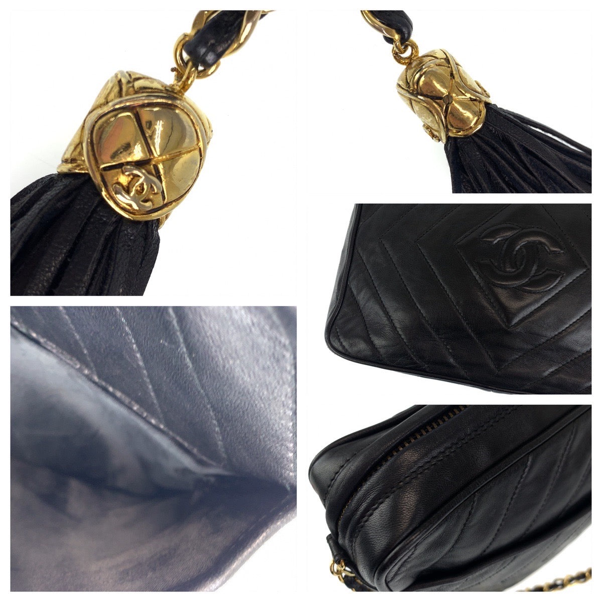 10236
CHANEL シャネル ヴィンテージ ダイヤステッチ ココマーク フリンジ ブラック ゴールド金具 ラムスキン 斜め掛け チェーン ショルダーバッグ ポシェット  レディース