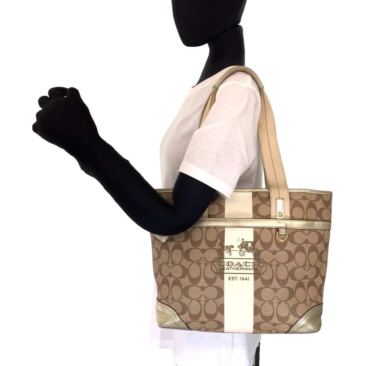 12658
COACH コーチ シグネチャー ヘリテージ ストライプ ブラウン シルバー金具 PVC 11350 ショルダーバッグ トートバッグ  レディース AB5