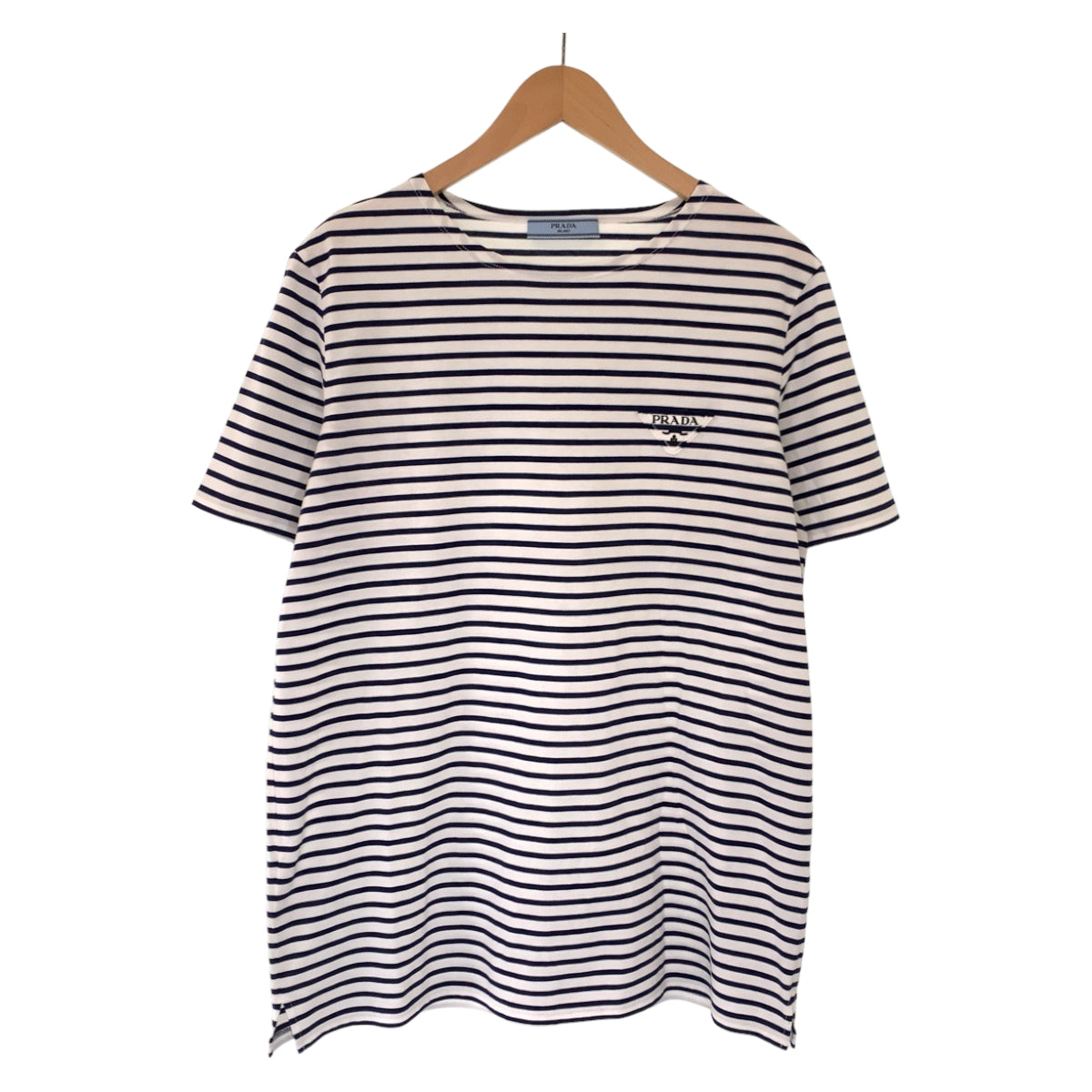 C-086
PRADA プラダ 三角ロゴ サイズS ホワイト 白 ネイビー 紺 コットン 半袖Tシャツ クルーネック ボーダー  メンズ