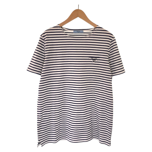 C-086
PRADA プラダ 三角ロゴ サイズS ホワイト 白 ネイビー 紺 コットン 半袖Tシャツ クルーネック ボーダー  メンズ