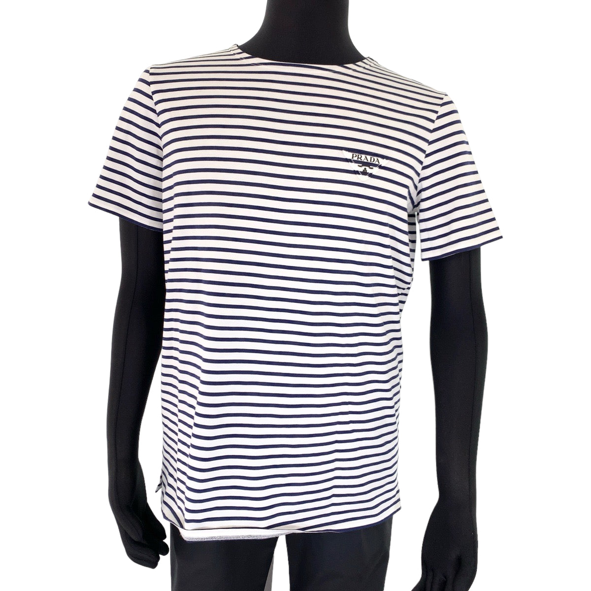 C-086
PRADA プラダ 三角ロゴ サイズS ホワイト 白 ネイビー 紺 コットン 半袖Tシャツ クルーネック ボーダー  メンズ