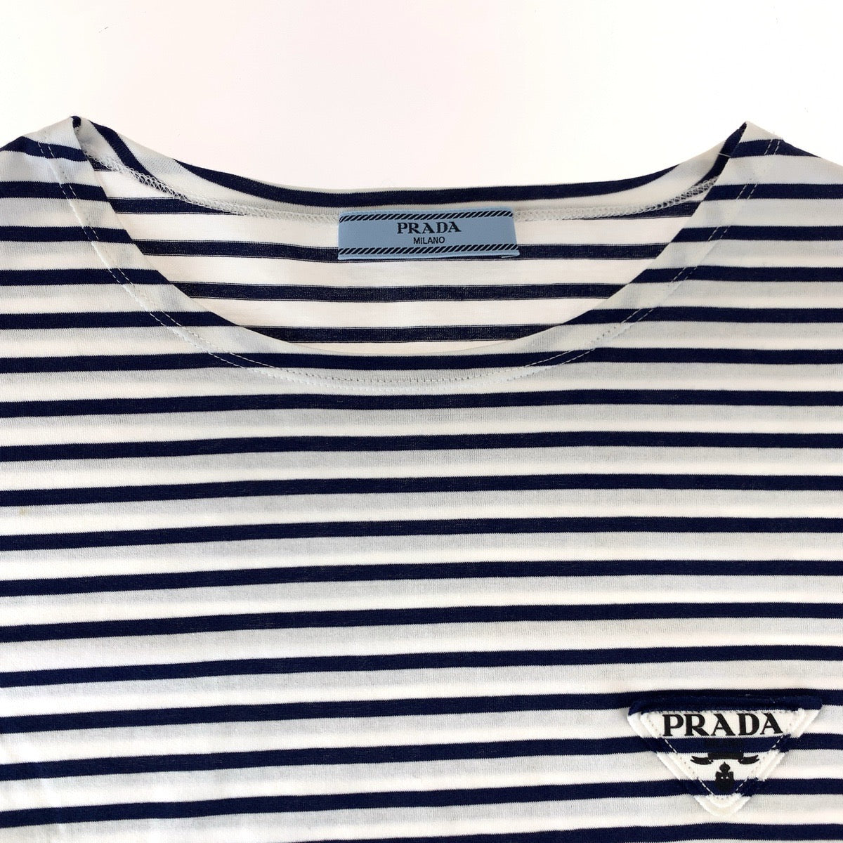 C-086
PRADA プラダ 三角ロゴ サイズS ホワイト 白 ネイビー 紺 コットン 半袖Tシャツ クルーネック ボーダー  メンズ