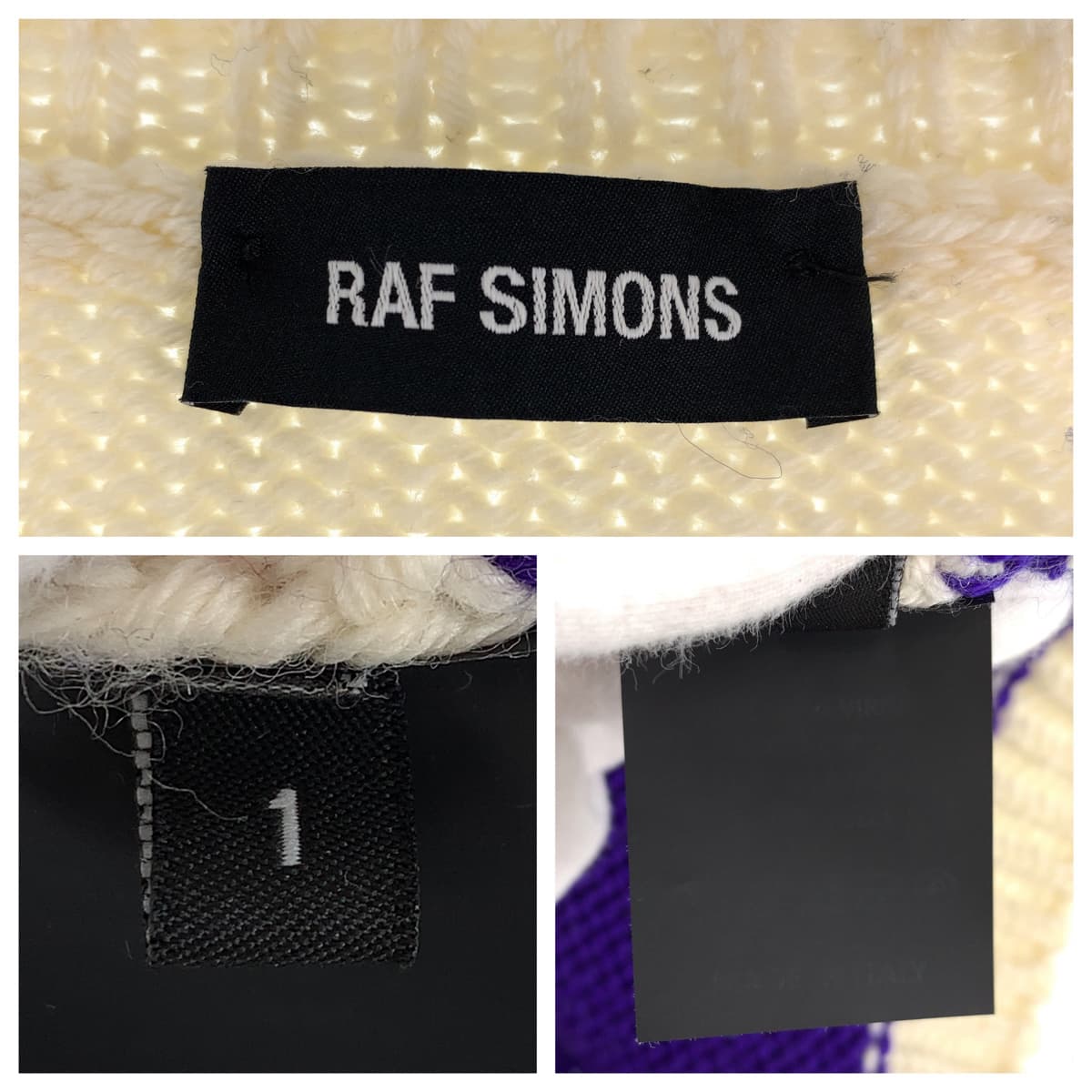 H-00316
RAF SIMONS ラフシモンズ サイズ1 男女兼用 ホワイト 白 パープル 紫 ウール セーター ニット  レディース