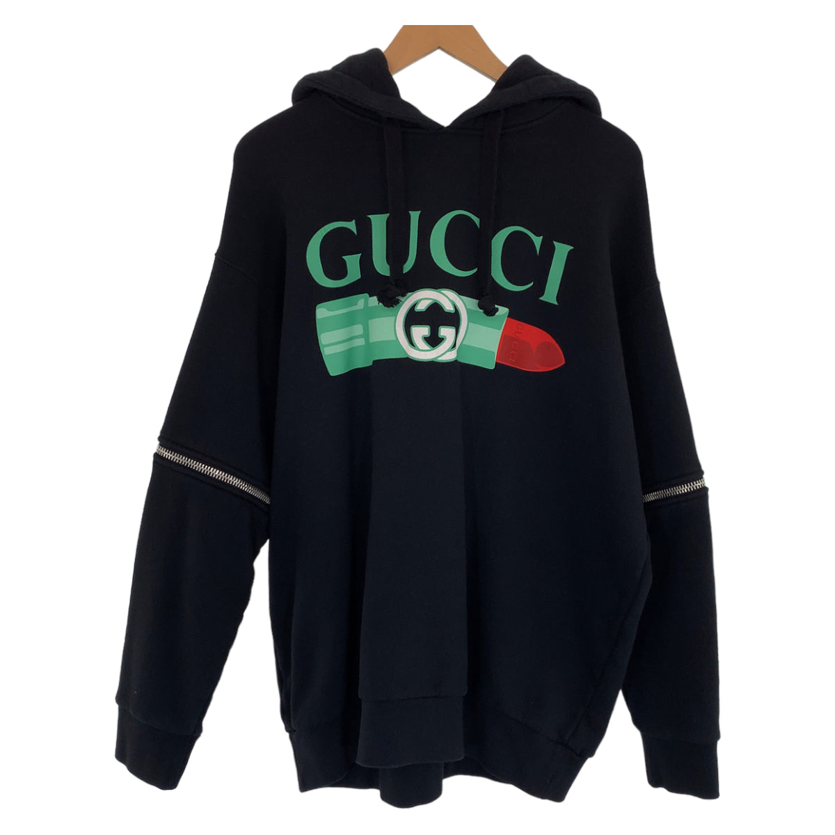 10246
GUCCI グッチ 23SS リップスティック プリント ロゴ サイズM 男女兼用 ブラック 黒 グリーン 緑 コットン 743404XJFIX パーカー スウェット  メンズ