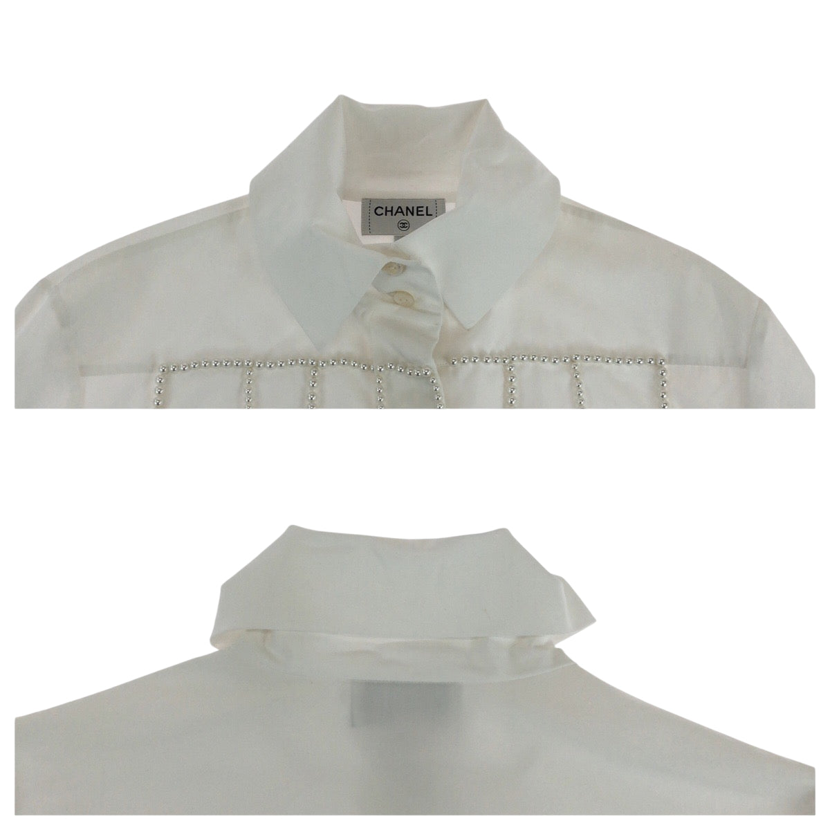 180
CHANEL シャネル ココマーク スパンコール パール サイズ36 ホワイト シルバー金具 ポリエステル P70673V48585 長袖シャツ ドレスシャツ レディース A148