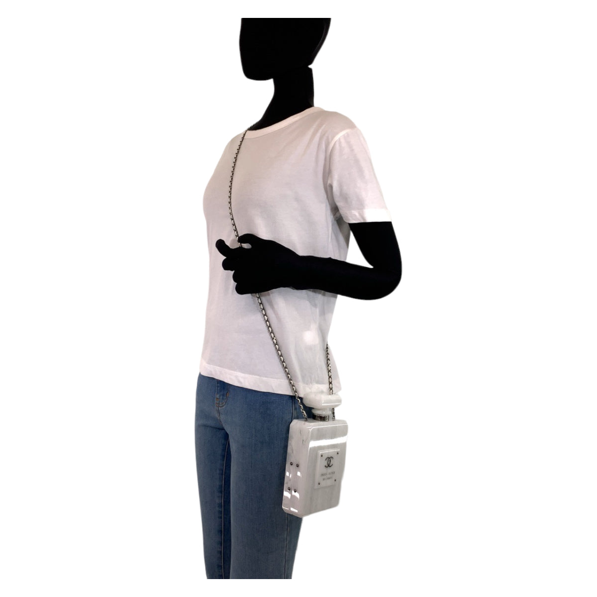 10249
CHANEL シャネル 大理石柄 2016Paris-Roma N°5 Parfume Bottle ミニバッグ ホワイト オフホワイト シルバー金具 プラスチック ボトルバッグ チェーンショルダーバッグ バニティバッグ  レディース A1500