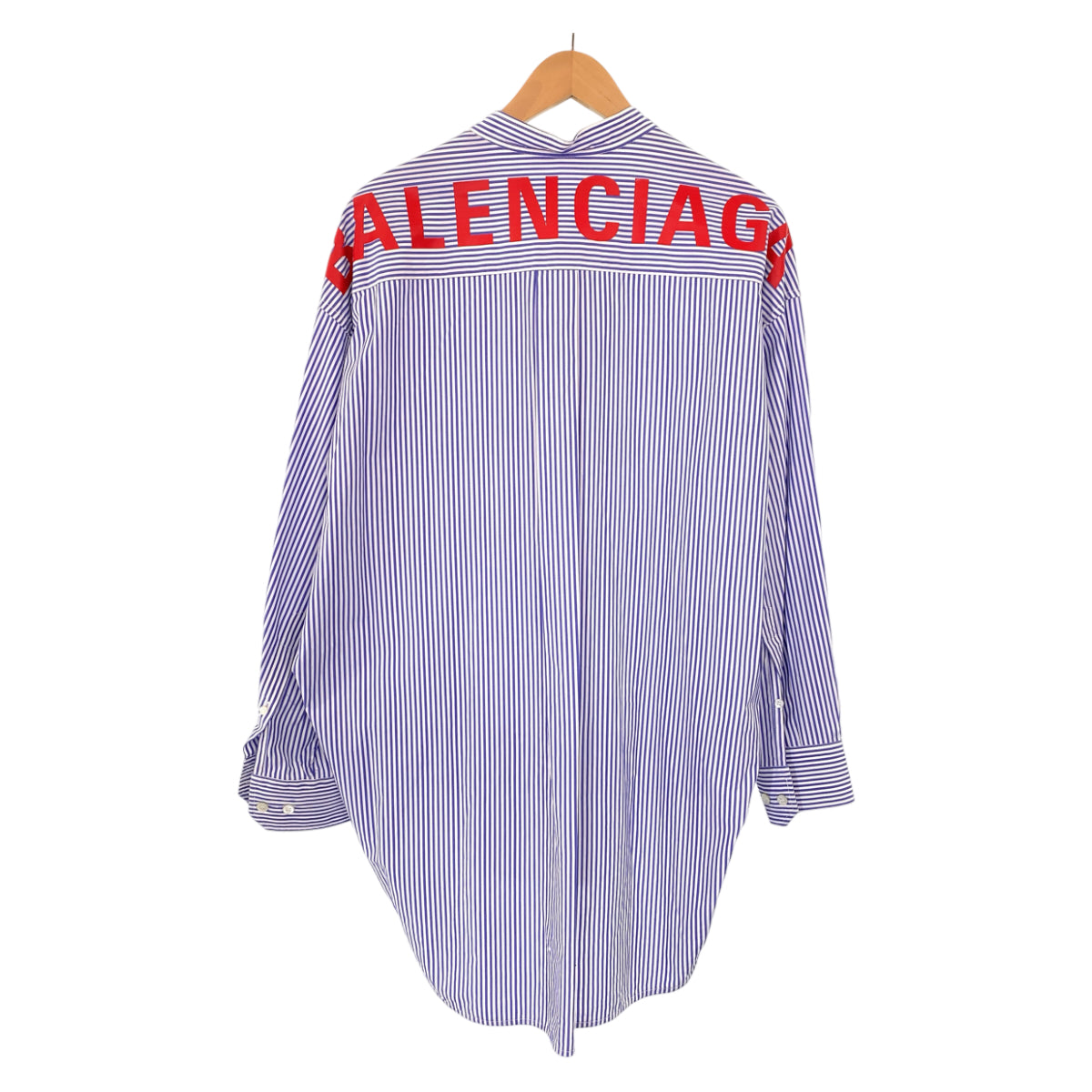 H-00329
BALENCIAGA バレンシアガ ニュースウィングシャツ ストライプ柄 サイズ34 ブルー 青 コットン 520497 ロングシャツ ボウタイ付き ワンピース  レディース