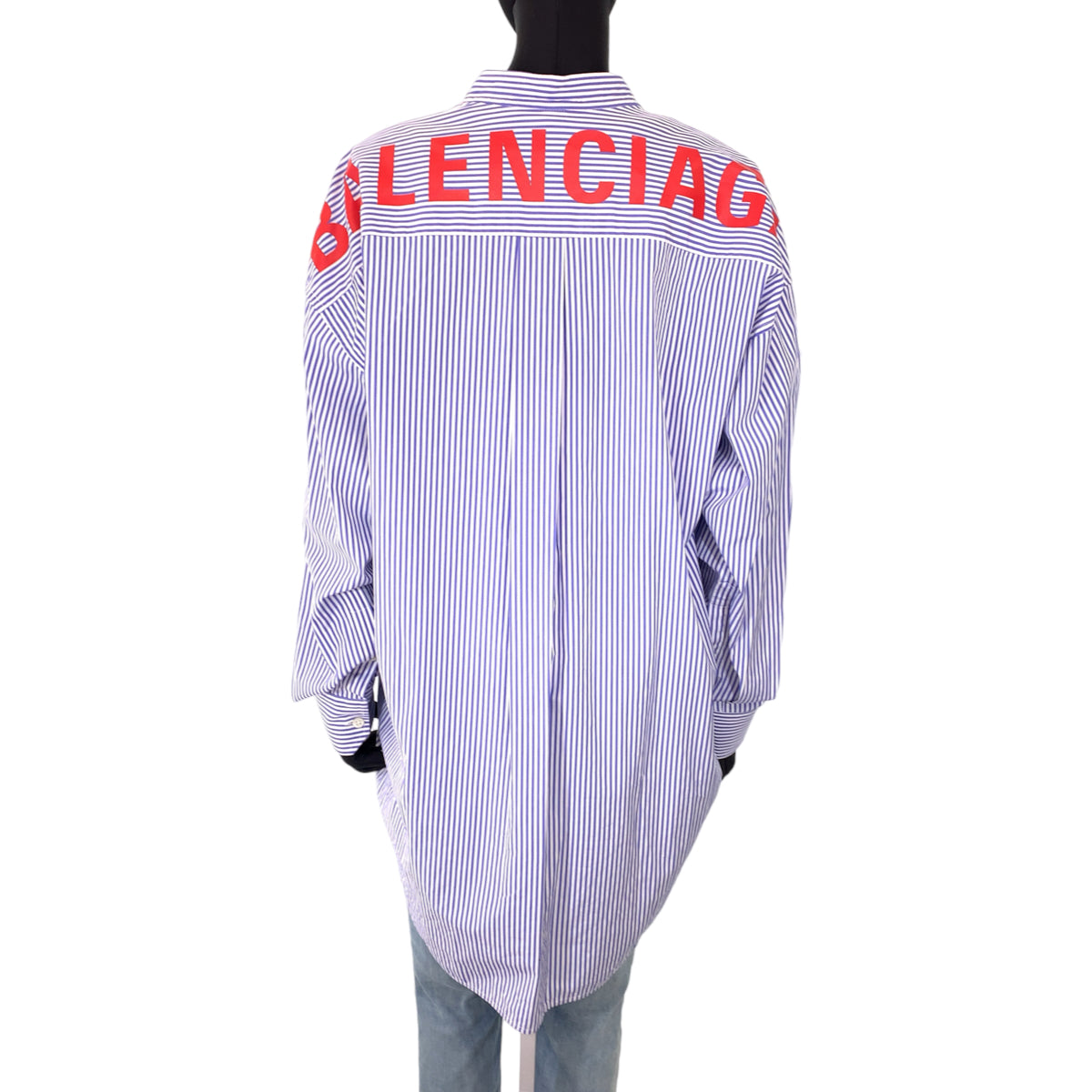 H-00329
BALENCIAGA バレンシアガ ニュースウィングシャツ ストライプ柄 サイズ34 ブルー 青 コットン 520497 ロングシャツ ボウタイ付き ワンピース  レディース