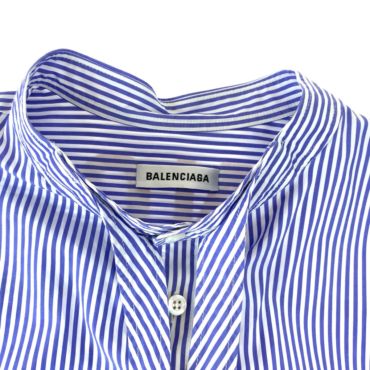 H-00329
BALENCIAGA バレンシアガ ニュースウィングシャツ ストライプ柄 サイズ34 ブルー 青 コットン 520497 ロングシャツ ボウタイ付き ワンピース  レディース