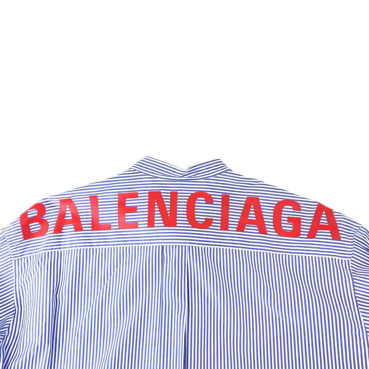 H-00329
BALENCIAGA バレンシアガ ニュースウィングシャツ ストライプ柄 サイズ34 ブルー 青 コットン 520497 ロングシャツ ボウタイ付き ワンピース  レディース