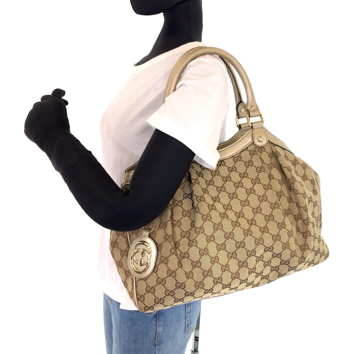 10256
 GUCCI Sukey Brown GG Canvas/Leather 211944 Tote Bag Shoulder Bag Handbag Women's