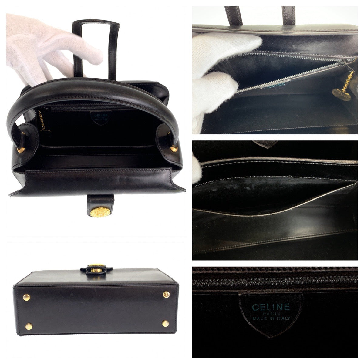 C-076
CELINE セリーヌ ヴィンテージ マカダム ブラック 黒 ゴールド金具 レザー ハンドバッグ アクセサリーポーチ  レディース