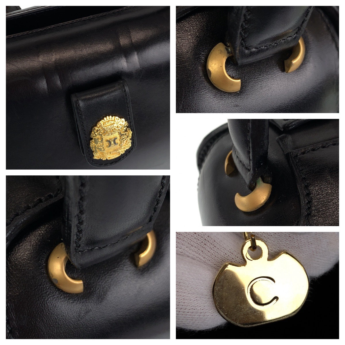 C-076
CELINE セリーヌ ヴィンテージ マカダム ブラック 黒 ゴールド金具 レザー ハンドバッグ アクセサリーポーチ  レディース