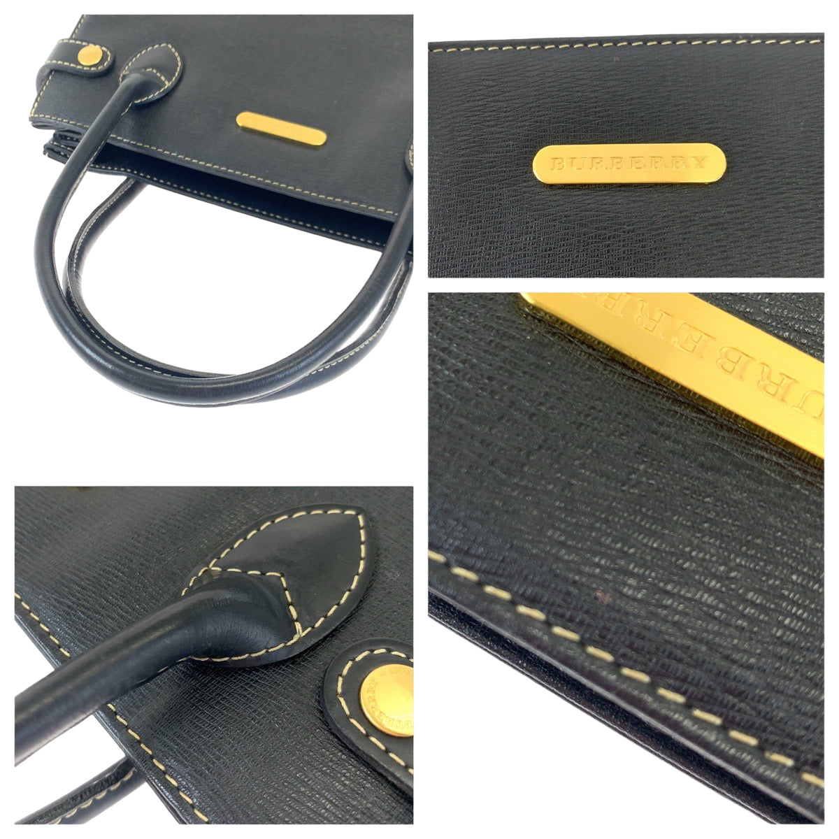 12650
BURBERRY バーバリー 中チェック柄 ブラック ゴールド金具 レザー トートバッグ ハンドバッグ  レディース