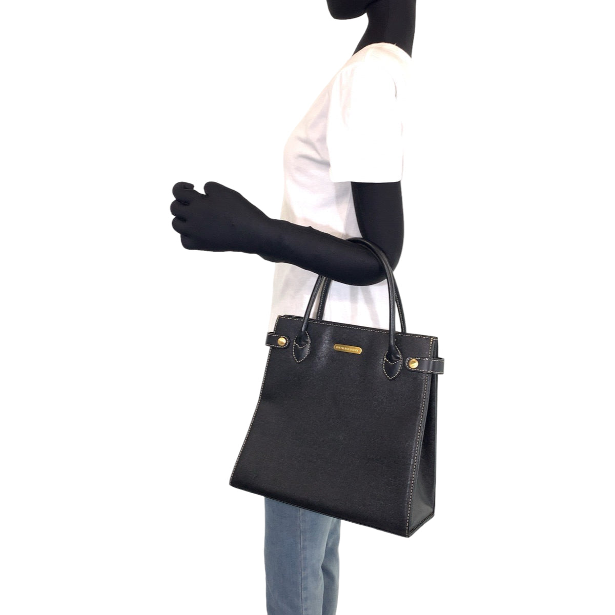 12650
BURBERRY バーバリー 中チェック柄 ブラック ゴールド金具 レザー トートバッグ ハンドバッグ  レディース