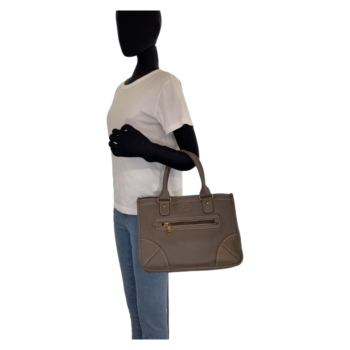 H-00357
PRADA プラダ ブラウン 茶 グレージュ ゴールド金具 レザー トートバッグ  ハンドバッグ  レディース