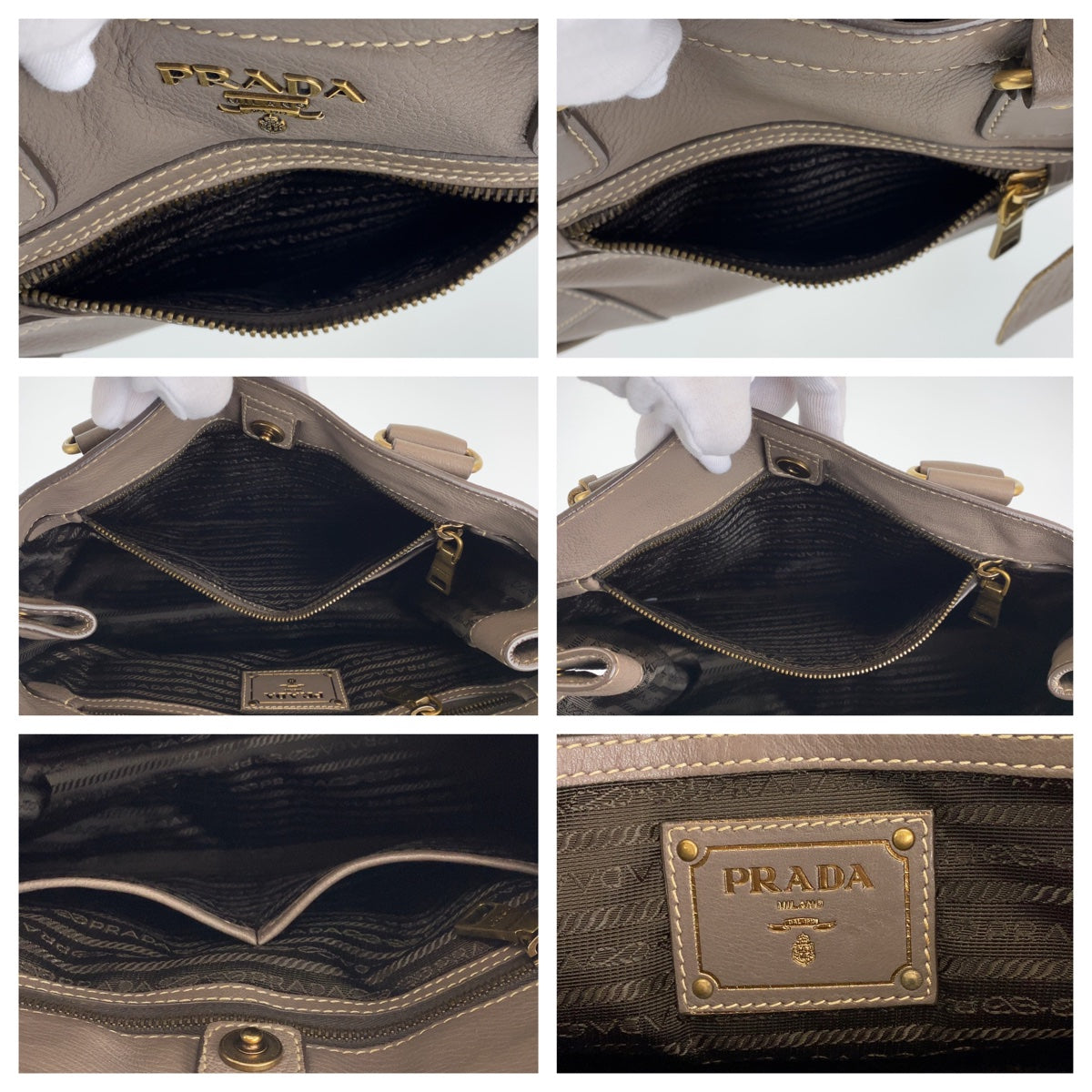 H-00357
PRADA プラダ ブラウン 茶 グレージュ ゴールド金具 レザー トートバッグ  ハンドバッグ  レディース