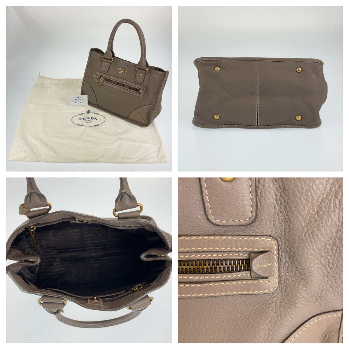 H-00357
PRADA プラダ ブラウン 茶 グレージュ ゴールド金具 レザー トートバッグ  ハンドバッグ  レディース