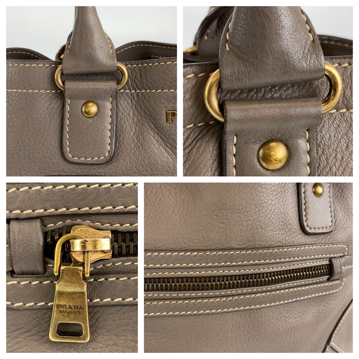 H-00357
PRADA プラダ ブラウン 茶 グレージュ ゴールド金具 レザー トートバッグ  ハンドバッグ  レディース