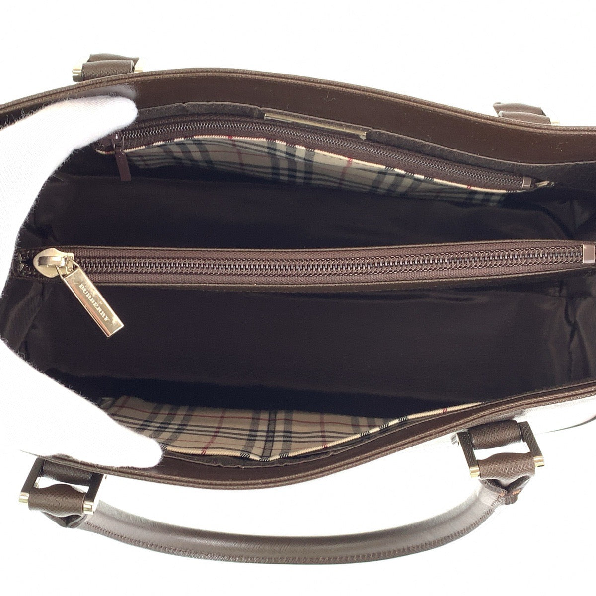 10268
BURBERRY バーバリー 中チェック柄 ブラウン レザー ハンドバッグ トートバッグ  レディース