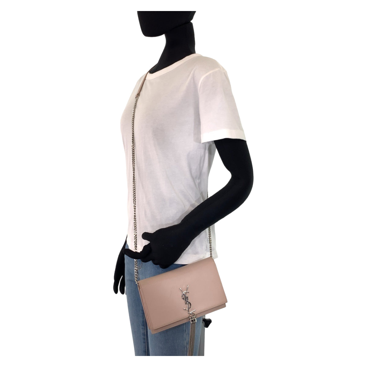 H-00371
YVES SAINT LAURENT イヴ・サンローラン ケイト YSL フリンジ ライトピンク シルバー金具 レザー ショルダーバッグ 斜め掛け  レディース
