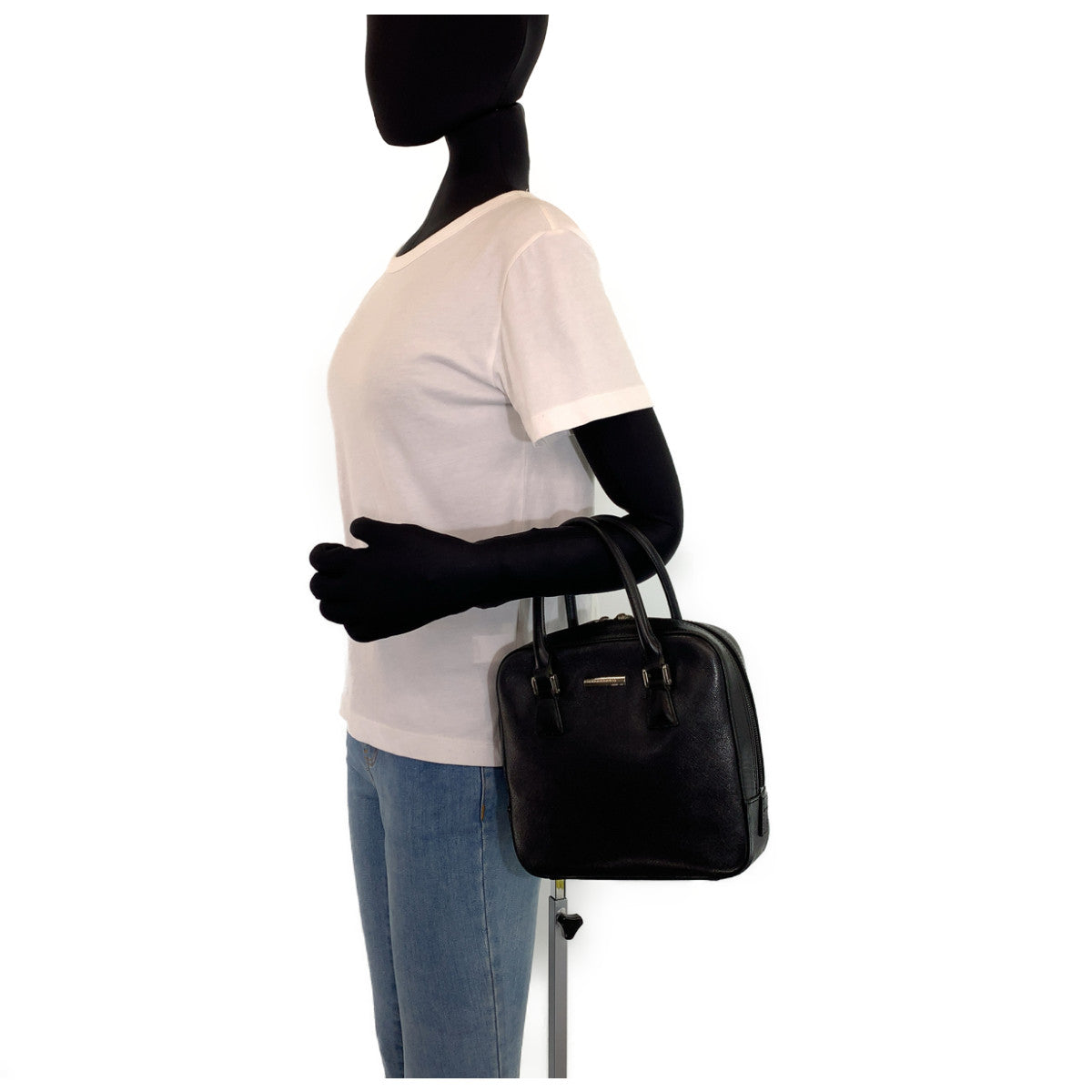 10274
BURBERRY バーバリー 中チェック柄 ブラック 黒 シルバー金具 レザー ハンドバッグ トートバッグ  レディース ABP26