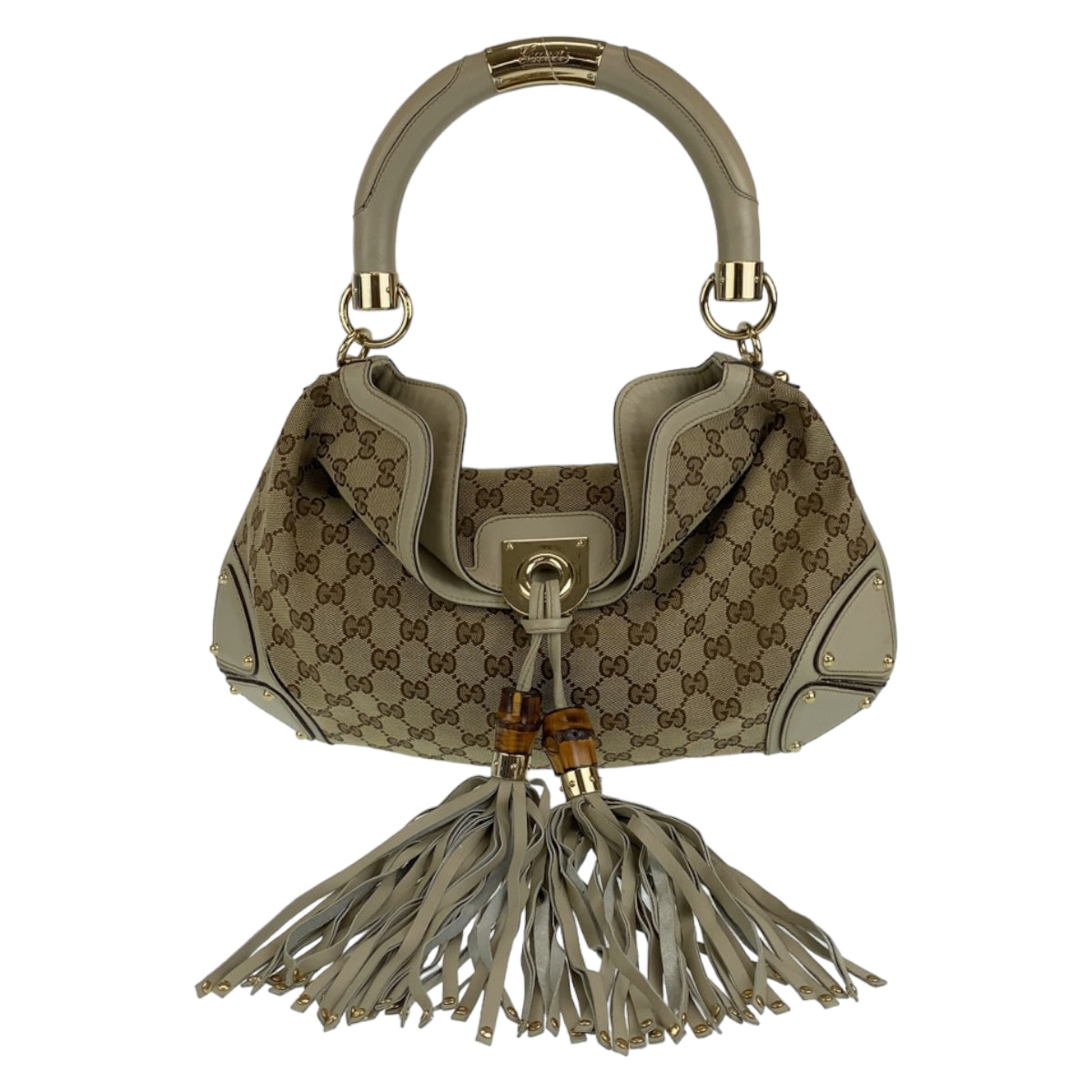 H-00376
GUCCI グッチ GGキャンバス バンブー タッセル フリンジ ベージュ 薄茶色 ゴールド金具 キャンバス / レザー 185566 ハンドバッグ ショルダーバッグ  レディース
