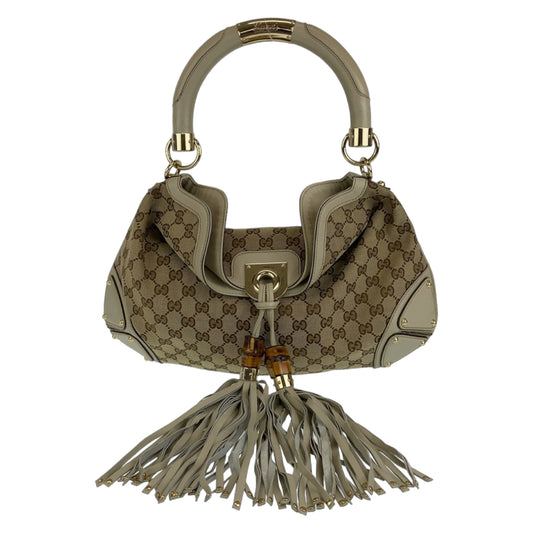 H-00376
GUCCI グッチ GGキャンバス バンブー タッセル フリンジ ベージュ 薄茶色 ゴールド金具 キャンバス / レザー 185566 ハンドバッグ ショルダーバッグ  レディース