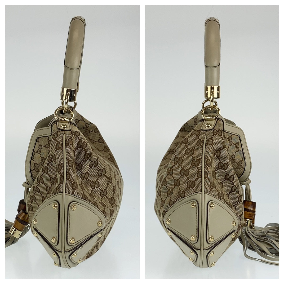 H-00376
GUCCI グッチ GGキャンバス バンブー タッセル フリンジ ベージュ 薄茶色 ゴールド金具 キャンバス / レザー 185566 ハンドバッグ ショルダーバッグ  レディース