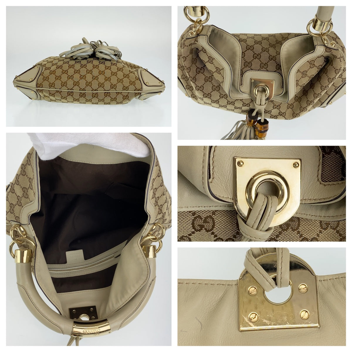 H-00376
GUCCI グッチ GGキャンバス バンブー タッセル フリンジ ベージュ 薄茶色 ゴールド金具 キャンバス / レザー 185566 ハンドバッグ ショルダーバッグ  レディース
