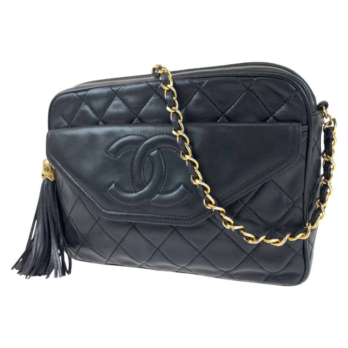 H-00379
CHANEL シャネル ヴィンテージ マトラッセ ココマーク タッセル ブラック 黒 ゴールド金具 ラムスキン ショルダーバッグ 斜め掛け  レディース