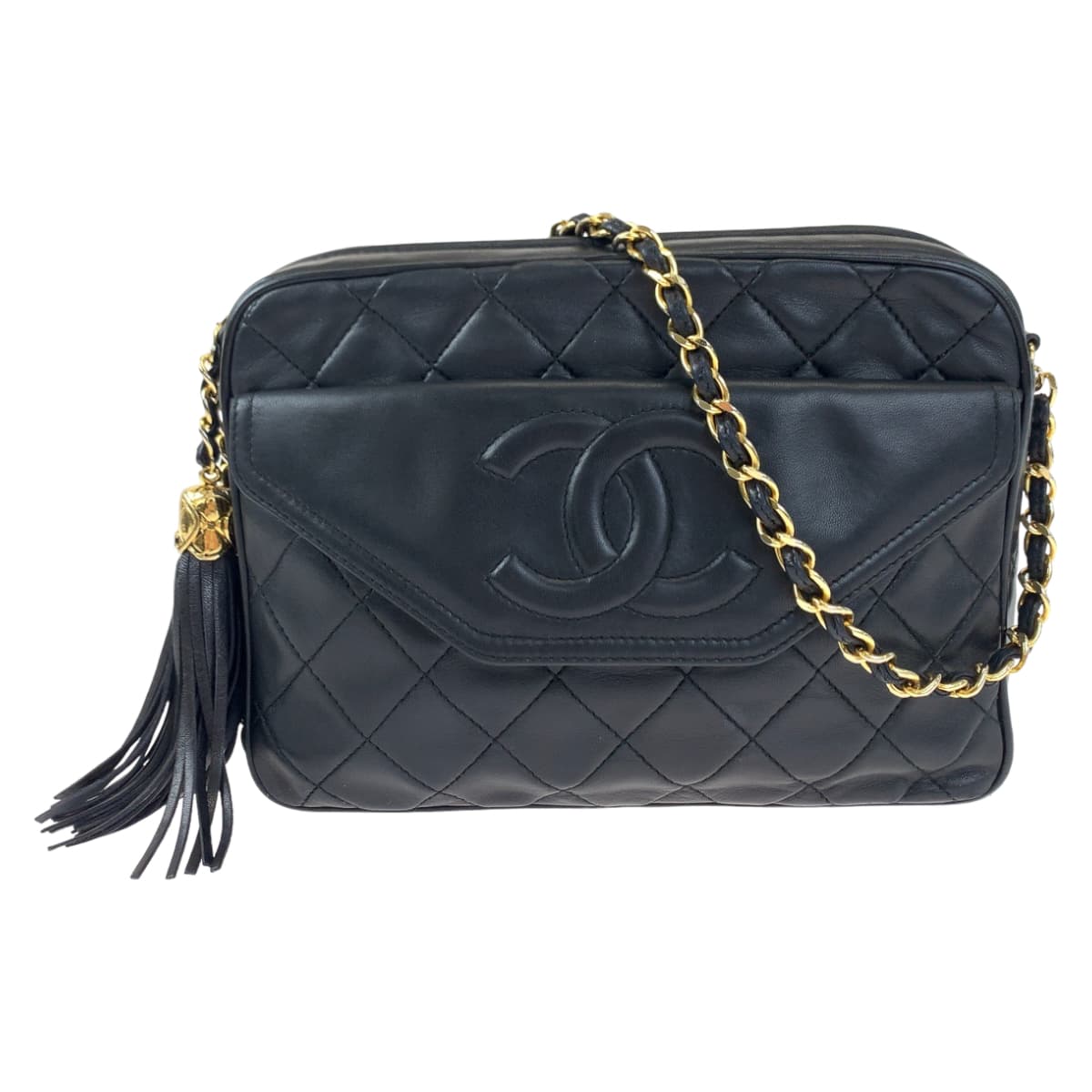 H-00379
CHANEL シャネル ヴィンテージ マトラッセ ココマーク タッセル ブラック 黒 ゴールド金具 ラムスキン ショルダーバッグ 斜め掛け  レディース
