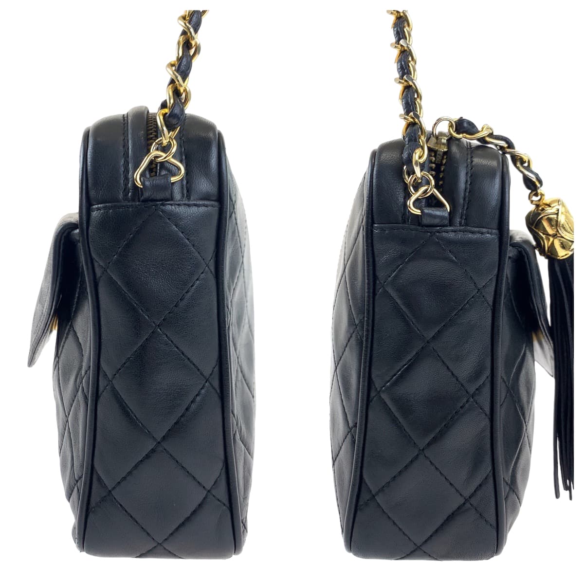H-00379
CHANEL シャネル ヴィンテージ マトラッセ ココマーク タッセル ブラック 黒 ゴールド金具 ラムスキン ショルダーバッグ 斜め掛け  レディース