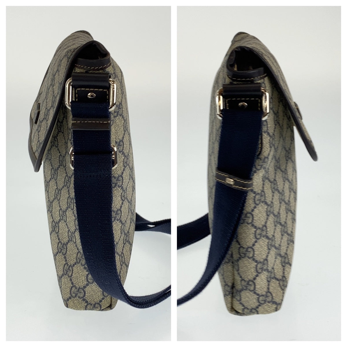 H-00383
GUCCI グッチ GGスプリーム 男女兼用 ネイビー 紺 ブラウン シルバー金具 PVC 22366 斜め掛け ショルダーバッグ メッセンジャーバッグ  メンズ