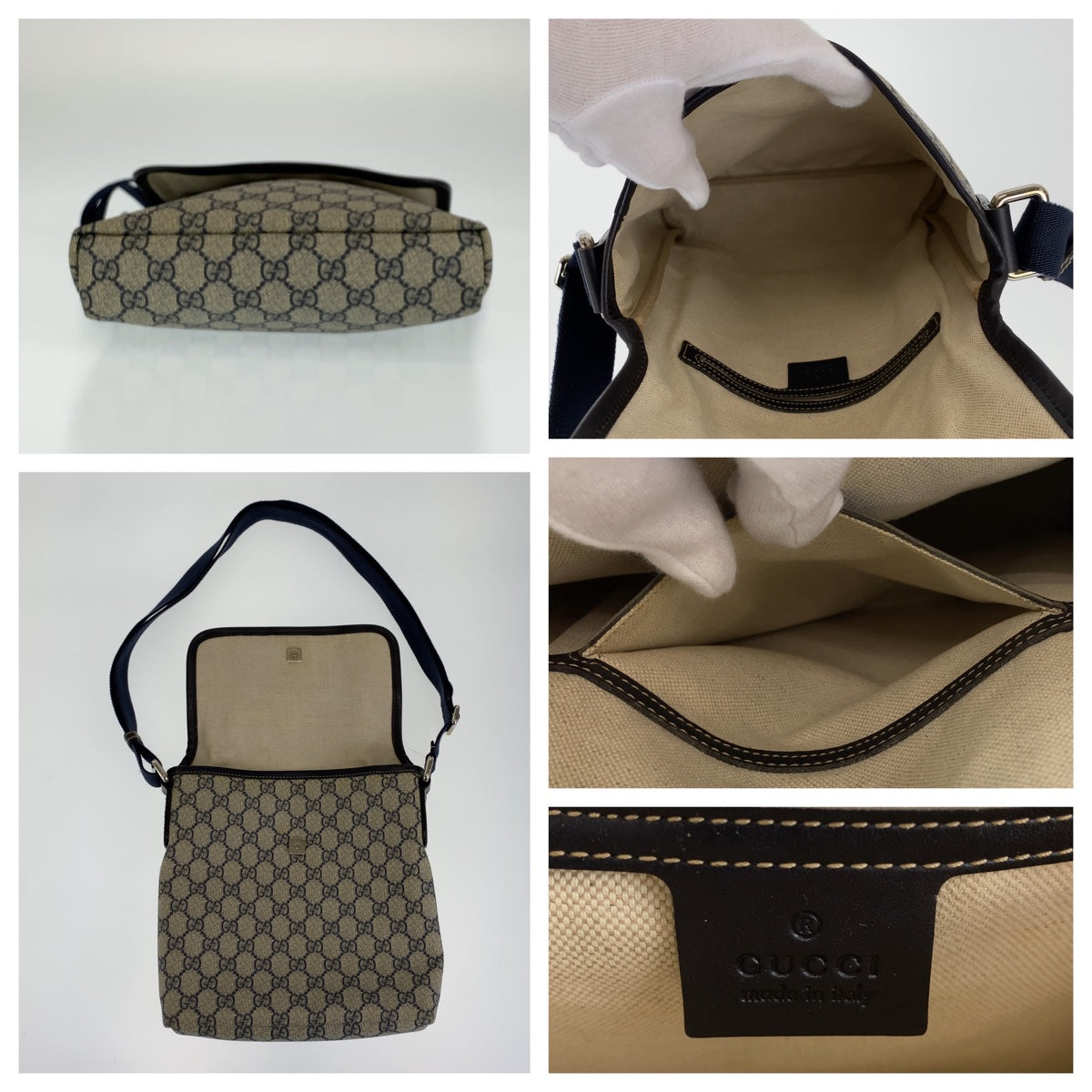 H-00383
GUCCI グッチ GGスプリーム 男女兼用 ネイビー 紺 ブラウン シルバー金具 PVC 22366 斜め掛け ショルダーバッグ メッセンジャーバッグ  メンズ