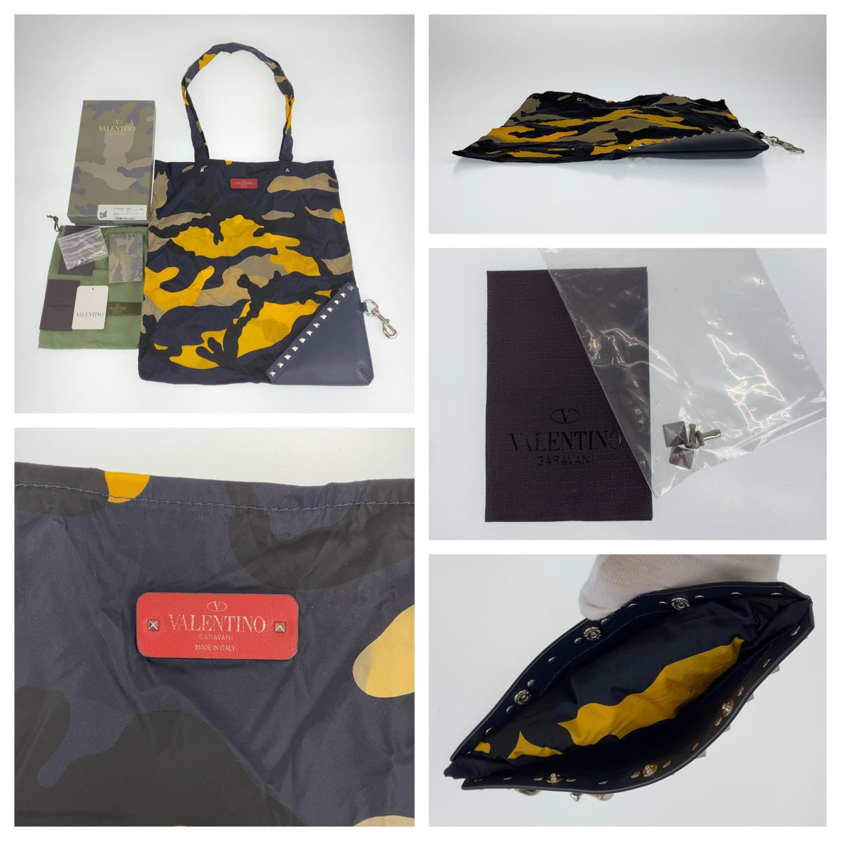 10282
VALENTINO ヴァレンティノ ロックスタッズ カモフラ柄 ネイビー イエロー マルチカラー ナイロン / レザー トートバッグ 折り畳み可能  メンズ