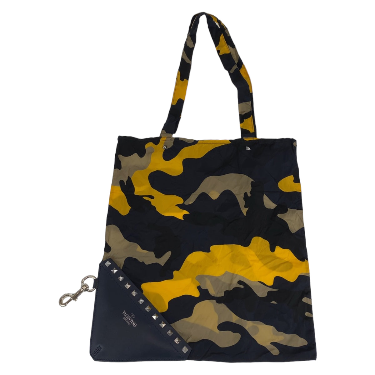 10282
VALENTINO ヴァレンティノ ロックスタッズ カモフラ柄 ネイビー イエロー マルチカラー ナイロン / レザー トートバッグ 折り畳み可能  メンズ