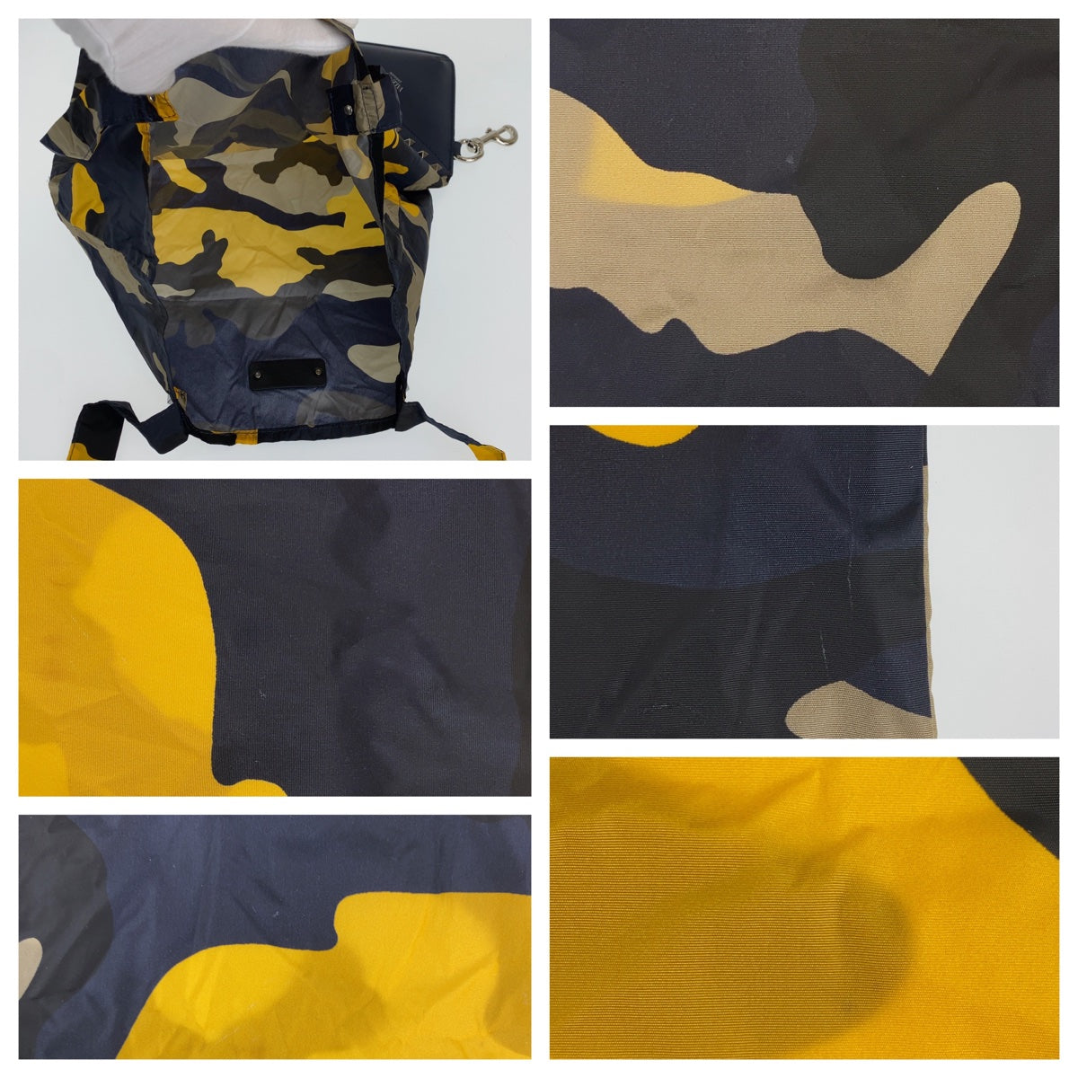 10282
VALENTINO ヴァレンティノ ロックスタッズ カモフラ柄 ネイビー イエロー マルチカラー ナイロン / レザー トートバッグ 折り畳み可能  メンズ