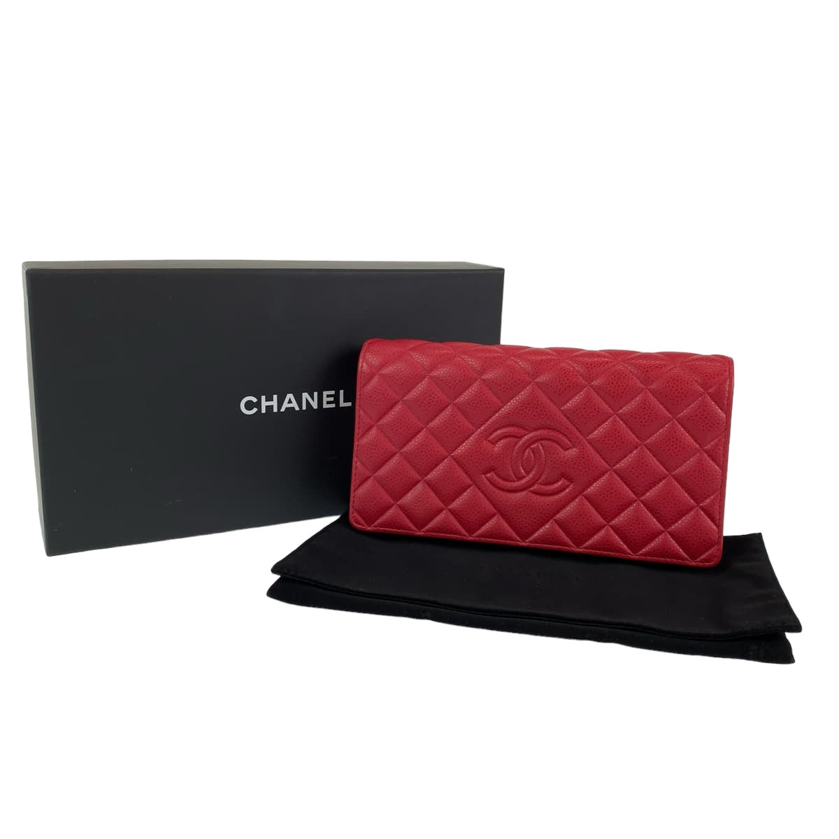 10284
CHANEL シャネル マトラッセ ココマーク レッド シルバー金具 キャビアスキン 長財布 ロングウォレット  レディース