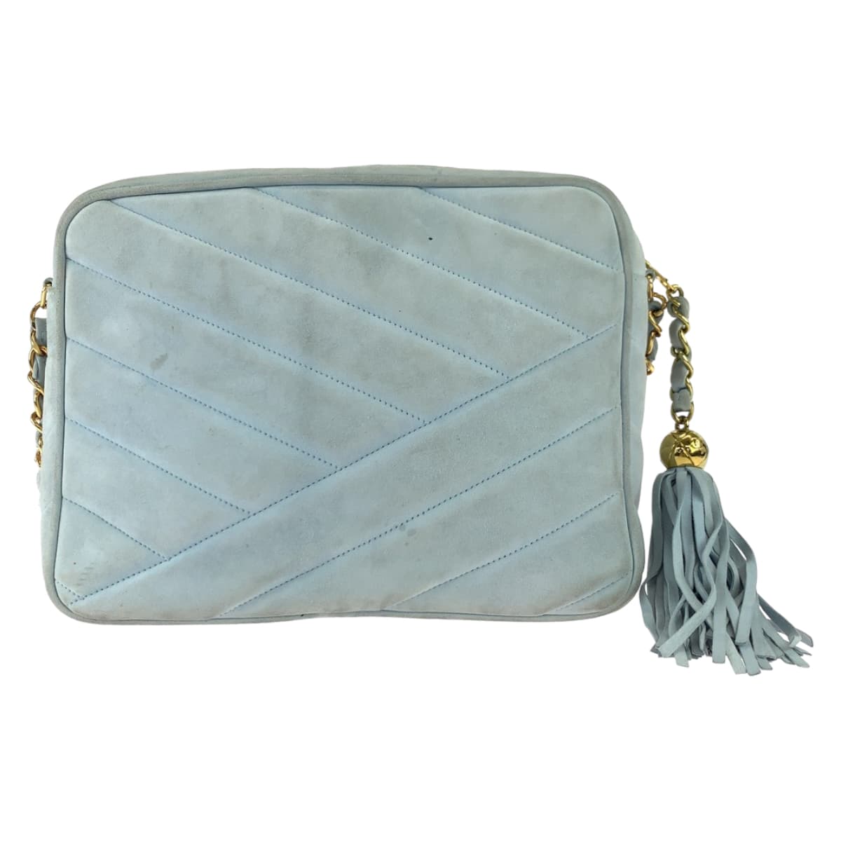 10286
CHANEL シャネル ヴィンテージ バイアスステッチ ココマーク フリンジ ライトブルー ゴールド金具 スウェード 斜め掛け チェーンショルダーバッグ  レディース