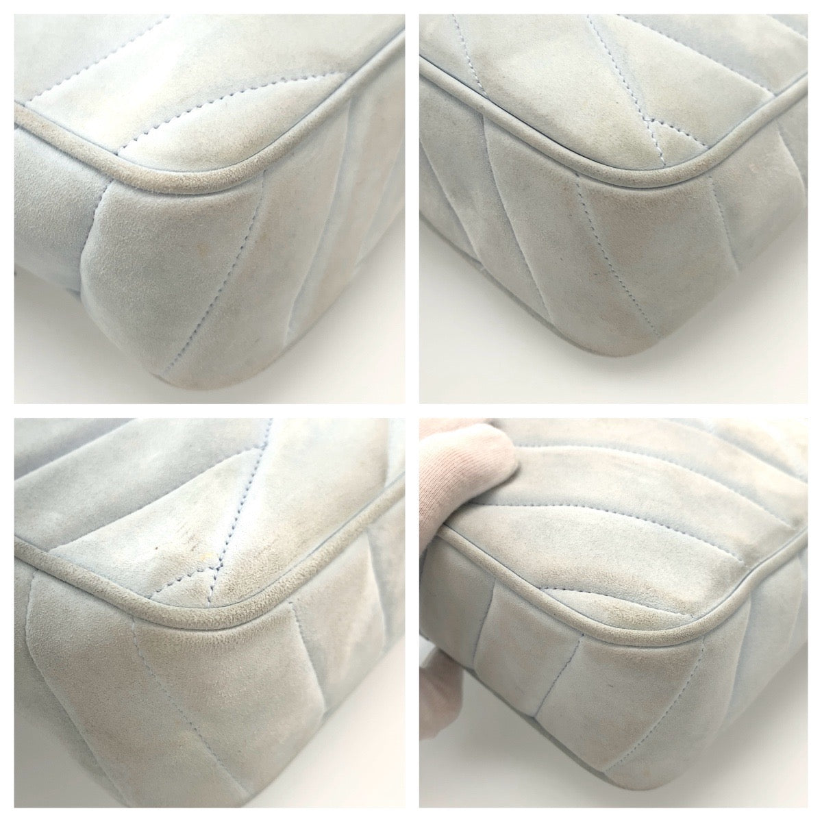 10286
CHANEL シャネル ヴィンテージ バイアスステッチ ココマーク フリンジ ライトブルー ゴールド金具 スウェード 斜め掛け チェーンショルダーバッグ  レディース