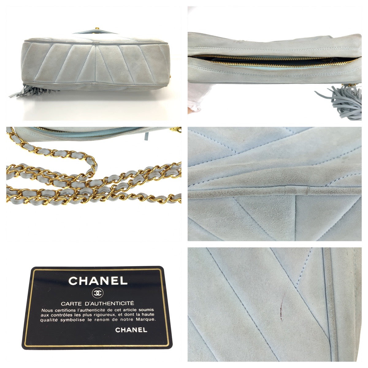 10286
CHANEL シャネル ヴィンテージ バイアスステッチ ココマーク フリンジ ライトブルー ゴールド金具 スウェード 斜め掛け チェーンショルダーバッグ  レディース