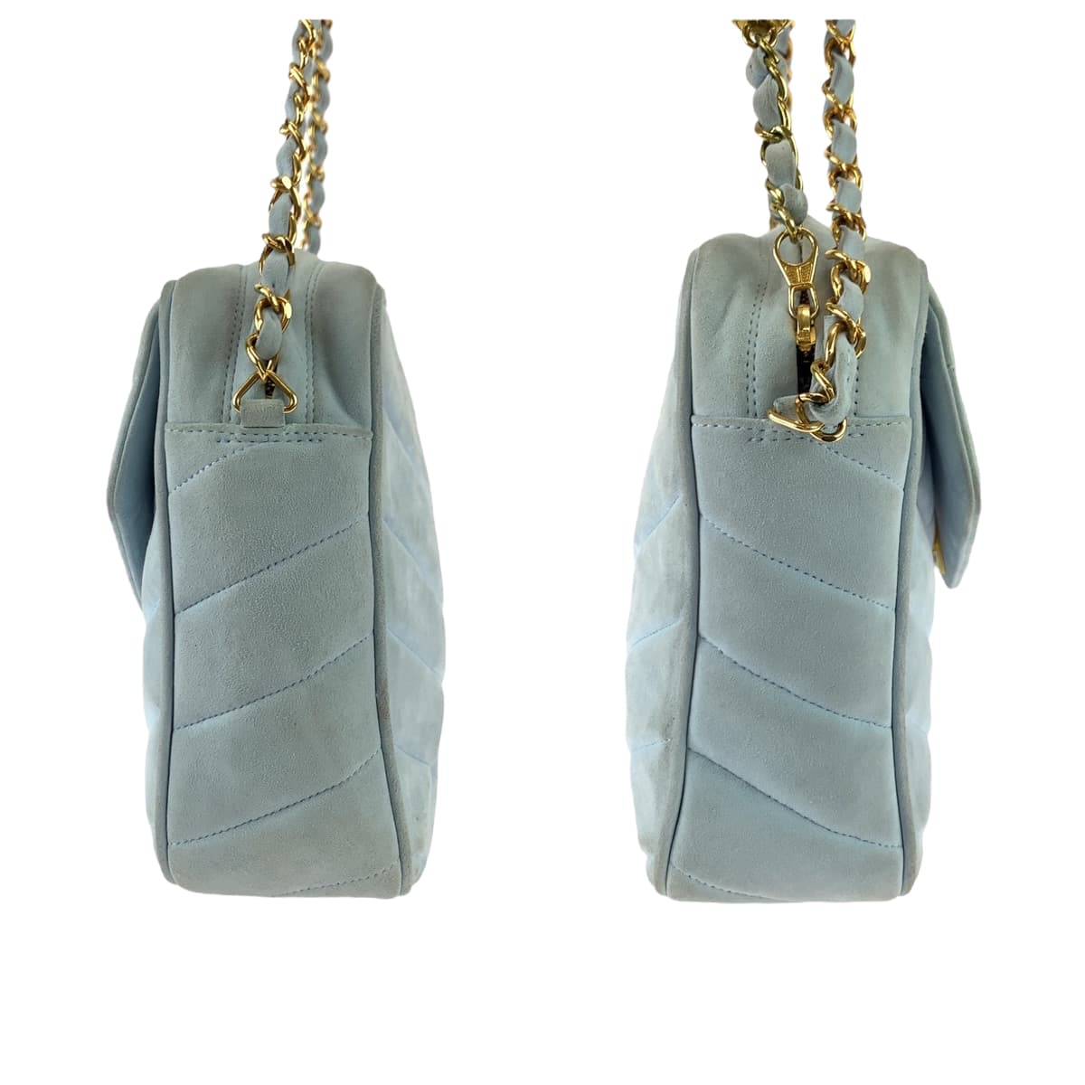 10286
CHANEL シャネル ヴィンテージ バイアスステッチ ココマーク フリンジ ライトブルー ゴールド金具 スウェード 斜め掛け チェーンショルダーバッグ  レディース