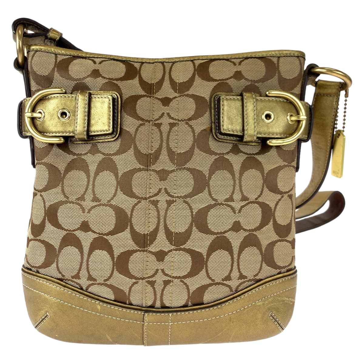 12648
 COACH Signature Beige Gold Canvas/Leather 7090 Shoulder Bag Pochette Crossbody Bag for Women